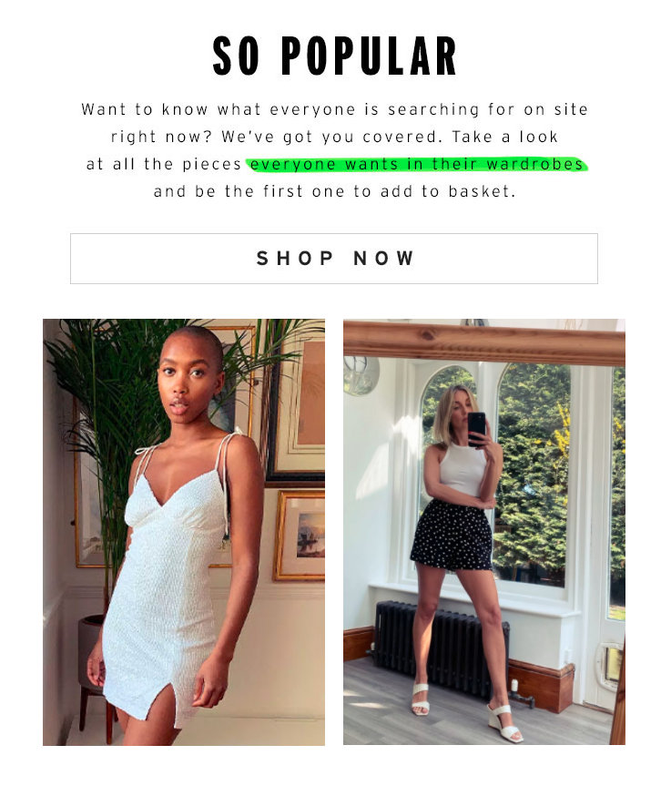 Example of an email from Topshop promoting best sellers as a form of social proof