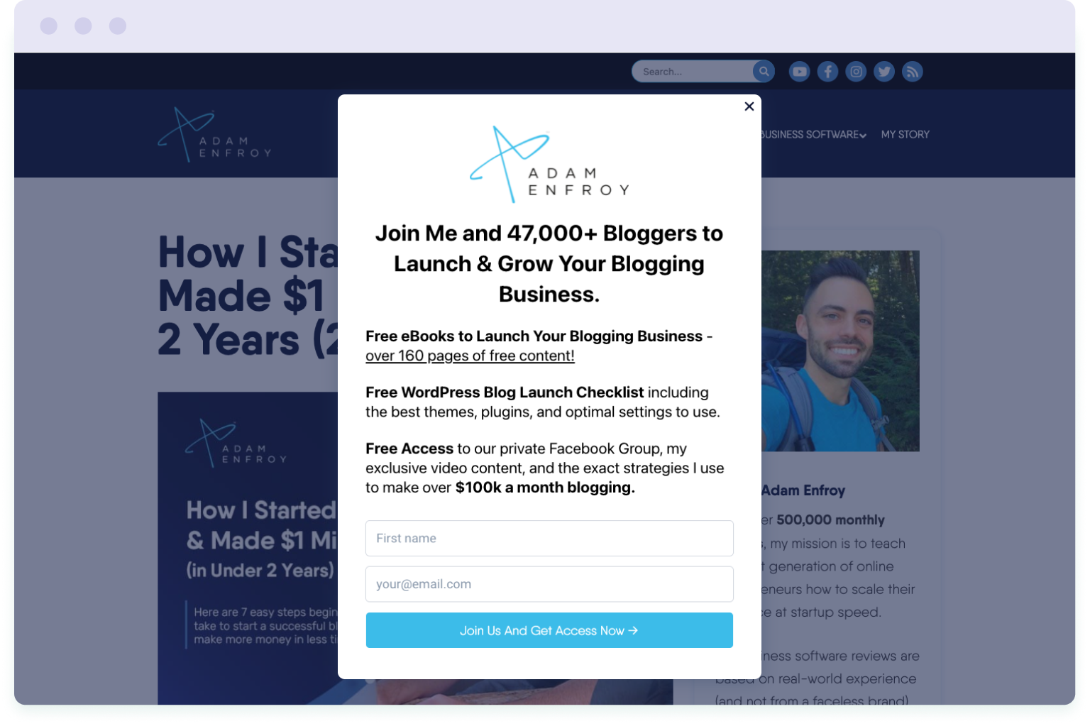 Example of a pop-up form used by blogger and entrepreneur Adam Enfoy to grow his mailing list