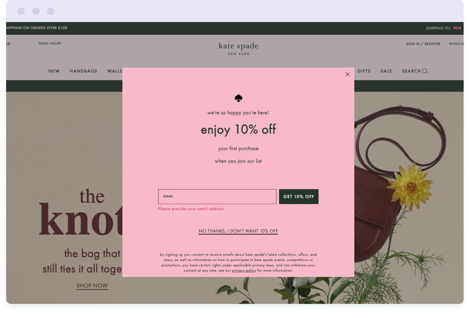 Example of a pop-up form used to grow the email list of retailer Kate Spade
