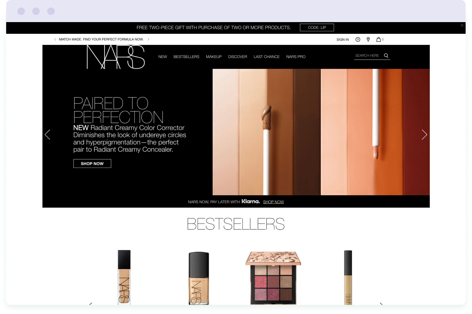 The homepage of the Nars website