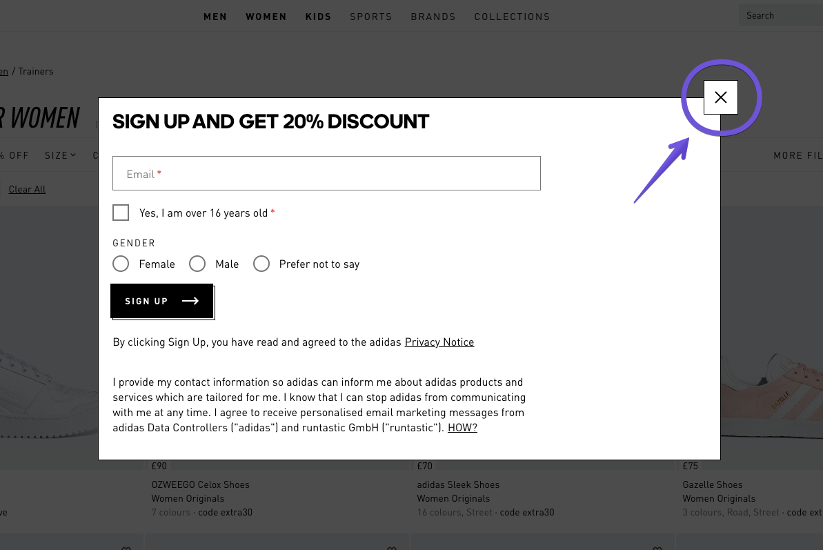 Example of a pop-up form on the Adidas website with a clear and easy-to-find exit button – this provides visitors with a better UX