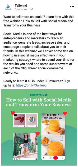 Example of a social media ad from Tailwind used to grow an email list by offering a free webinar to a targeted audience