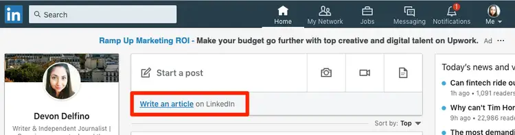 Image showing where to find the 'write an article' function on LinkedIn