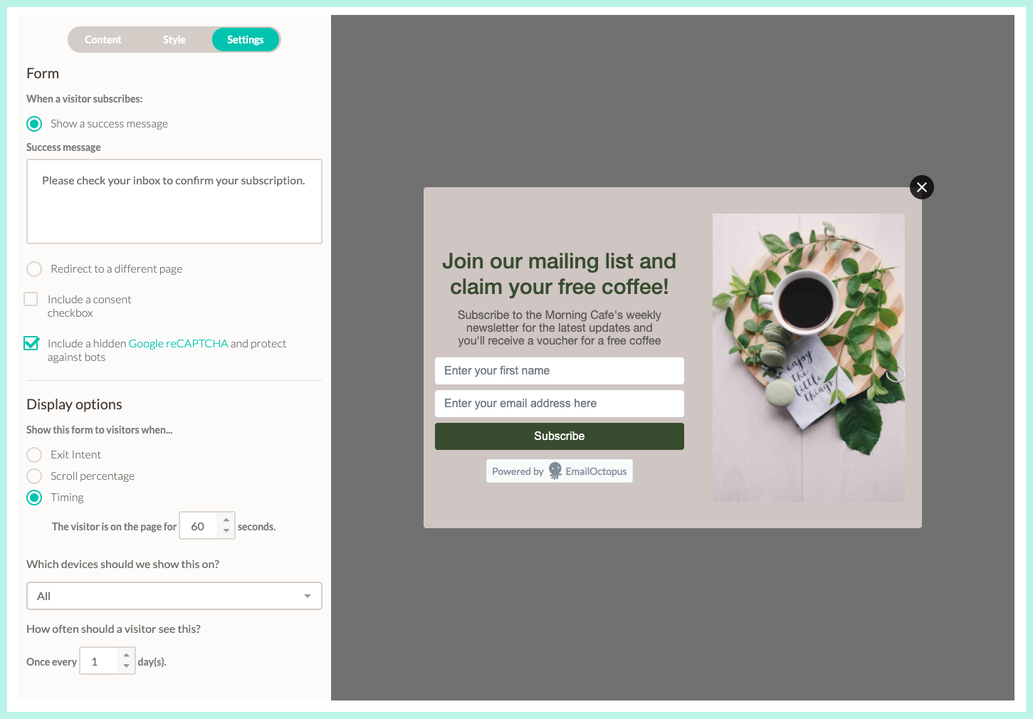 Image of the pop-up form builder in EmailOctopus, a free email marketing tool