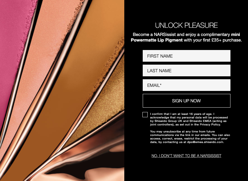 Example of an on-brand pop-up form on the Nars website