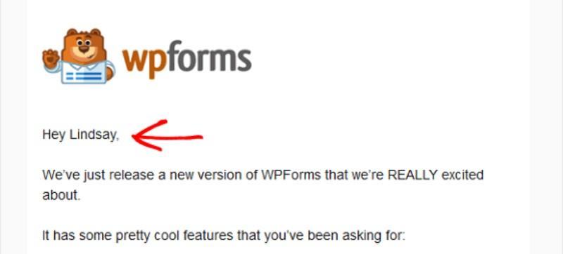 Example of personalisation used in an email announcing product updates