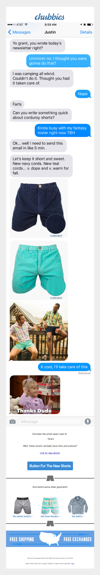 Example of a text conversation used to create a story around a new product launch for Chubbies