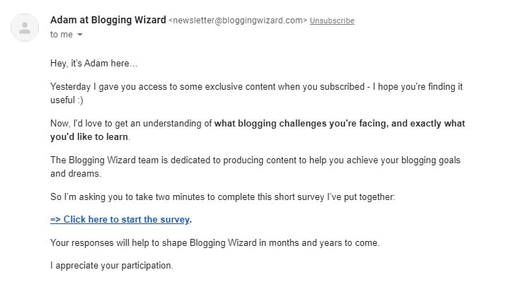 Example of a relationship-building email from affiliate marketer Adam at Blogging Wizard
