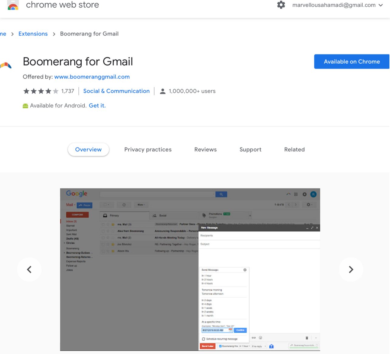 Screenshot of the Boomerang email marketing extension for Gmail in the Google Chrome web store