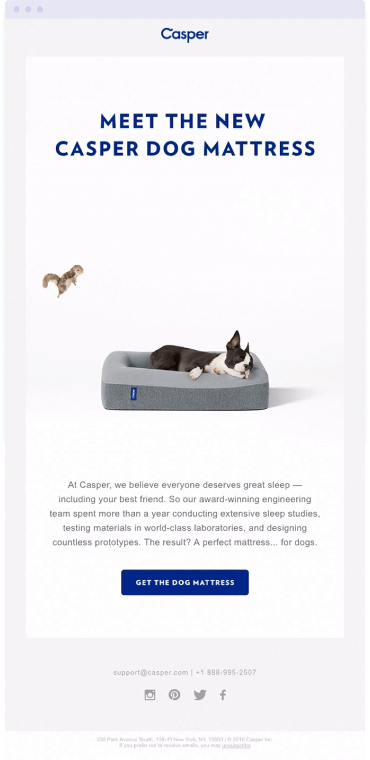 Example of a single prominent CTA button in an email from mattress company Casper