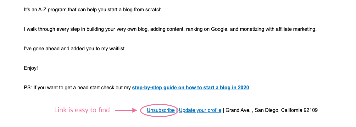 Example of an easy-to-find unsubscribe link in an email sent by blogger Jon Torres