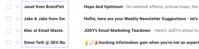 Screenshot of an inbox demonstrating sender names on emails