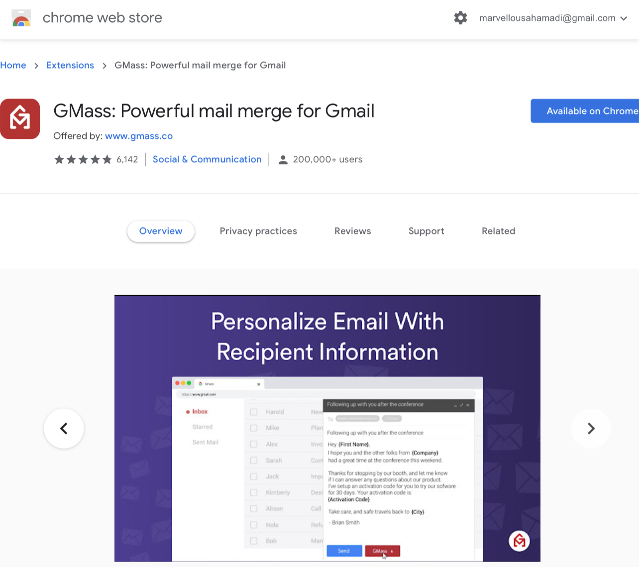 Screenshot of the GMass email marketing extension for Gmail available in the Google Chrome web store