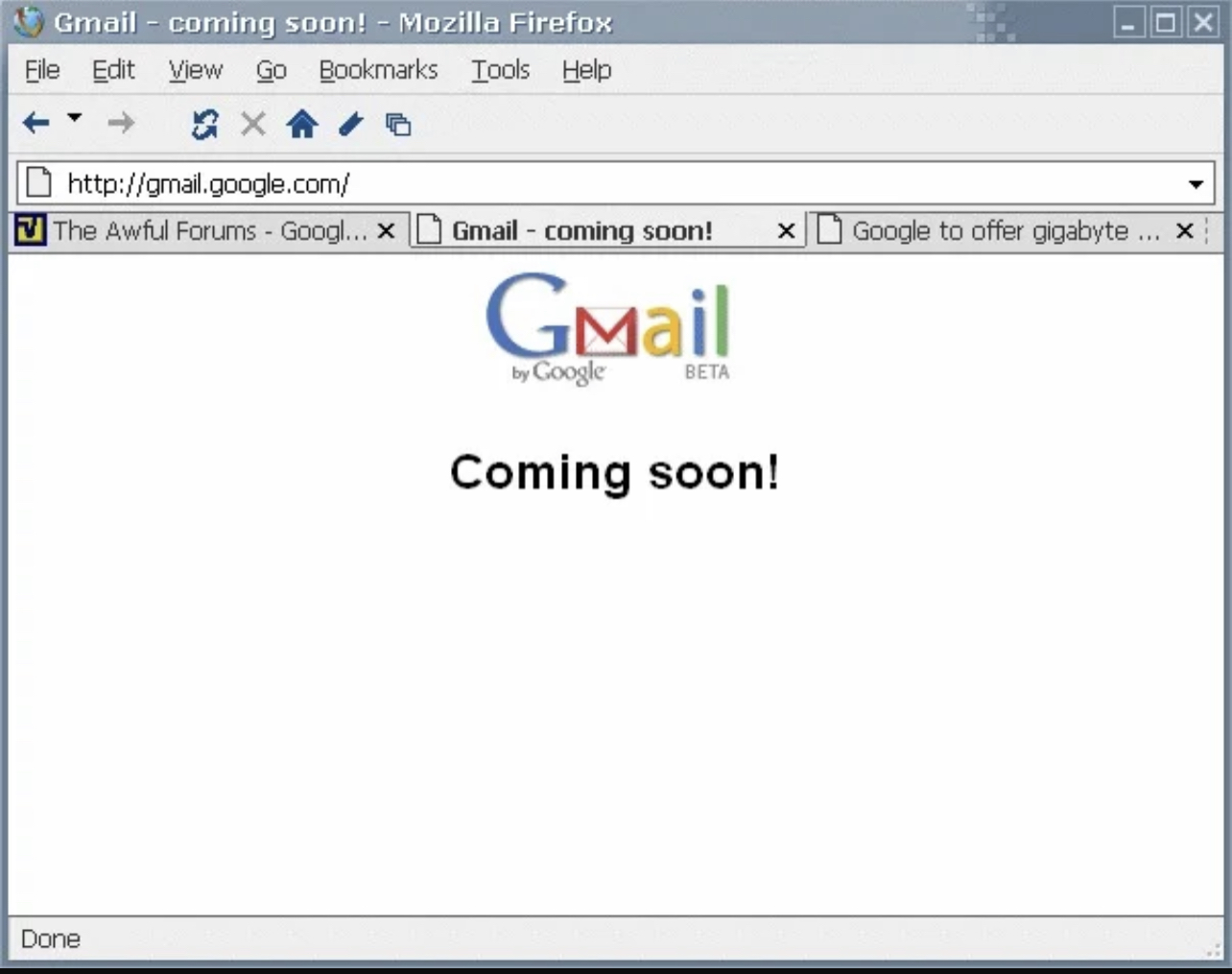 Picture of Gmail's 'coming soon' web page from the early 2000s