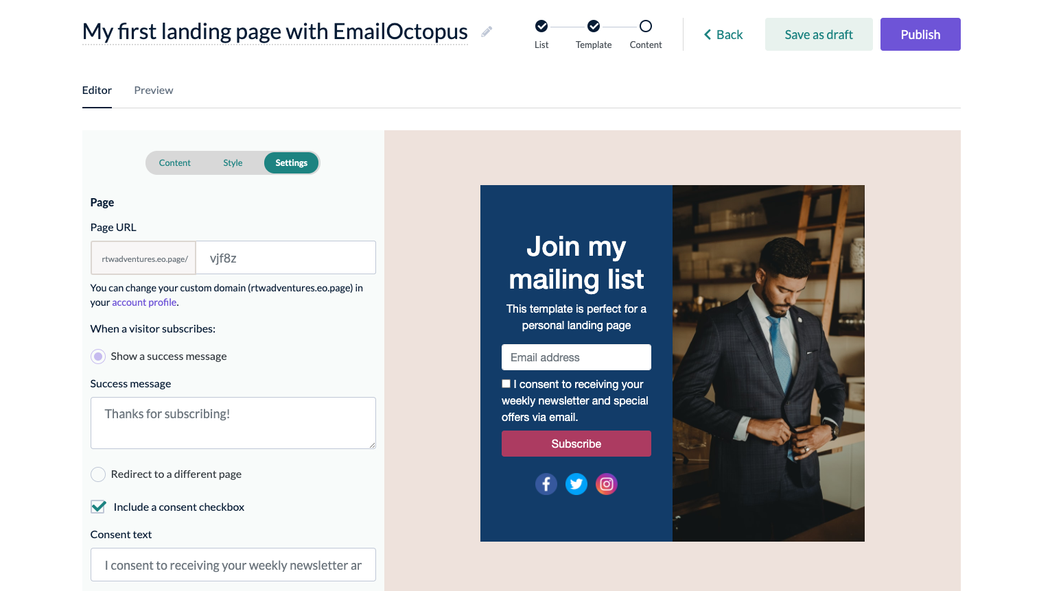Screenshot of a landing page built in EmailOctopus with a GDPR-compliant checkbox