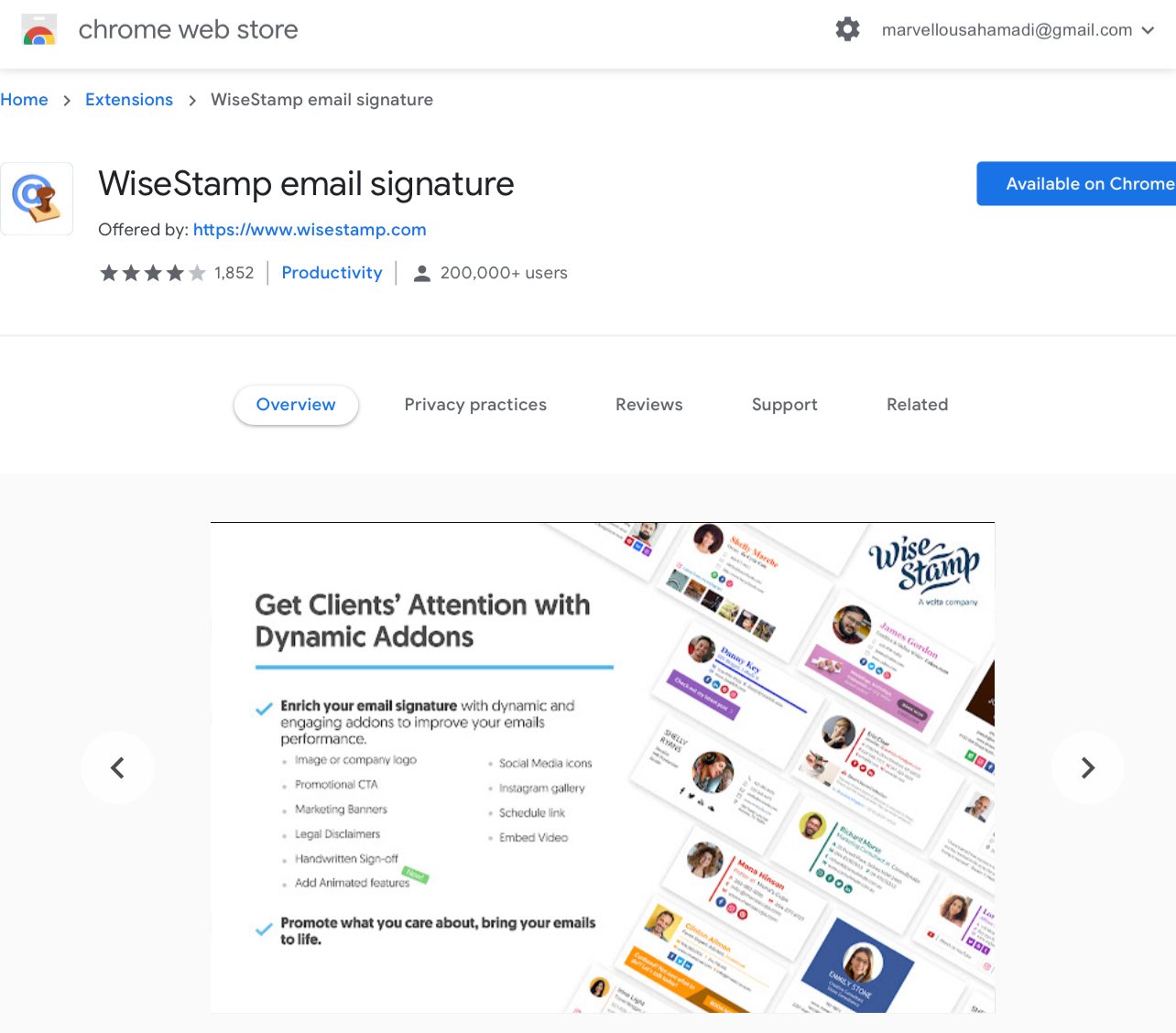 Screenshot of the WiseStamp email signature extension available in the Google Chrome web store