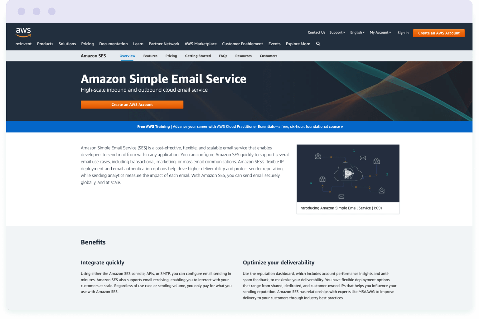 Image of Amazon SES website homepage