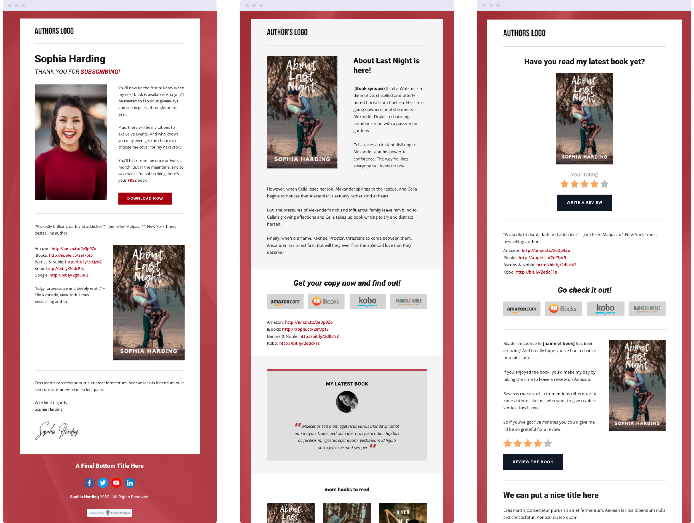 An example of a three-email template pack available in EmailOctopus