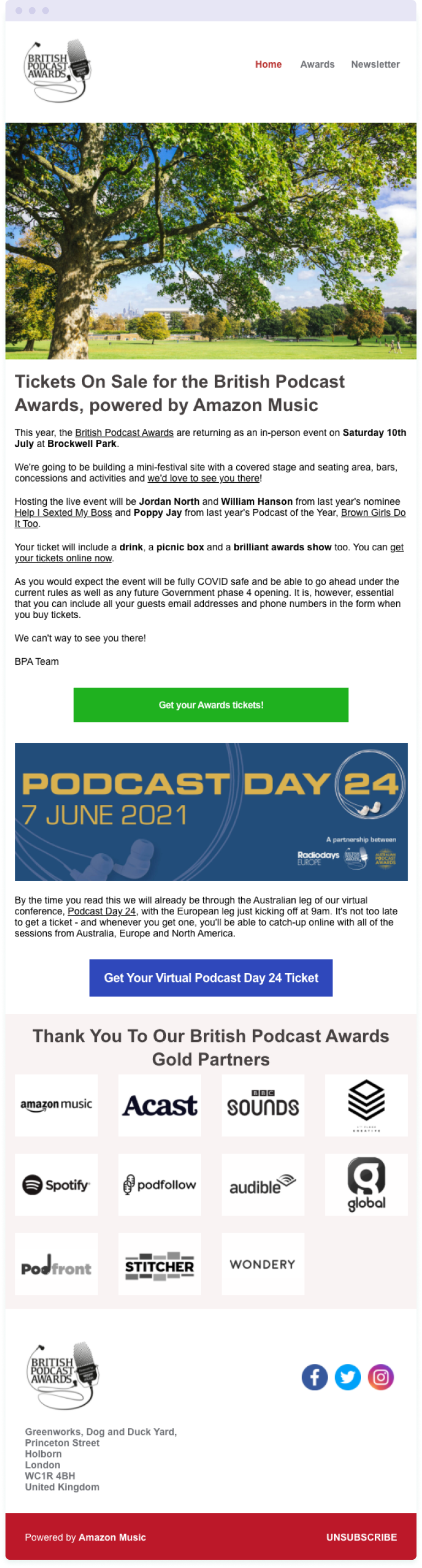Example of an event invitation email from the British Podcast Awards – one type of email you might send subscribers when you're getting started with email marketing