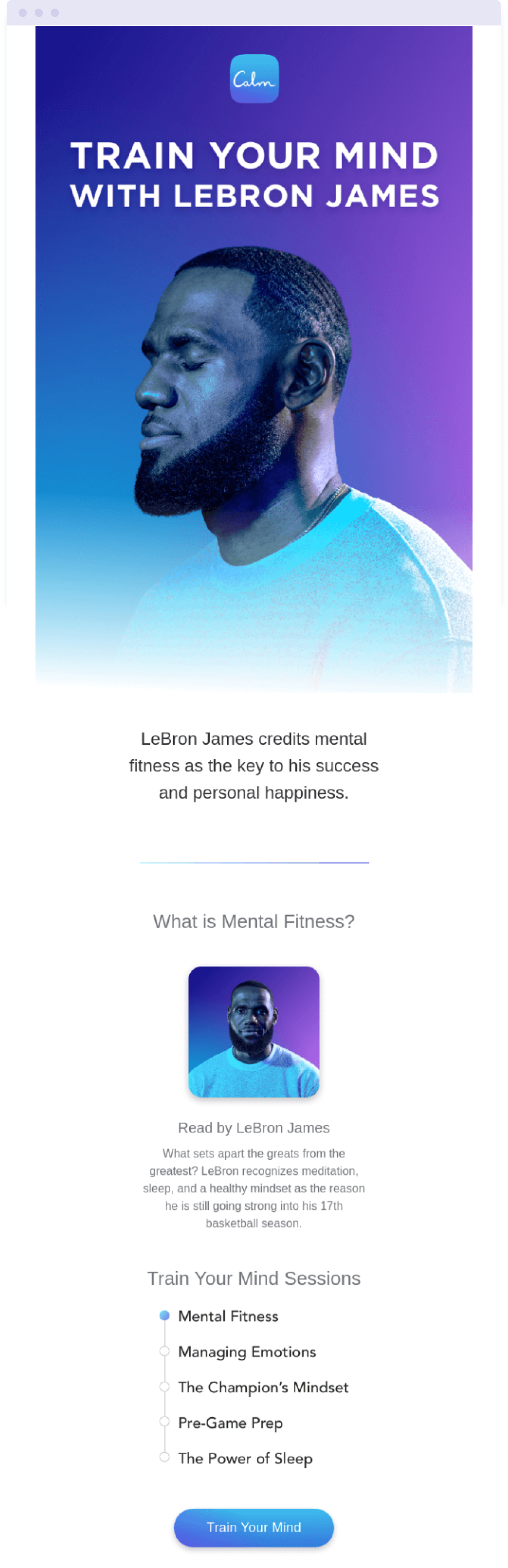 Example of an influencer email marketing campaign between Calm and LeBron James