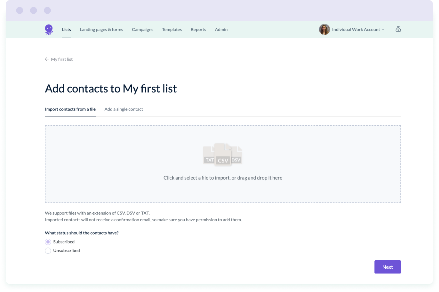 An image of the EmailOctopus app where you can import a list of contacts to create a mailing list when first getting started with email marketing