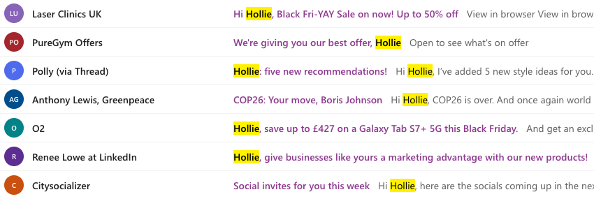 Examples of personalisation in email subject lines by using a subscriber's first name