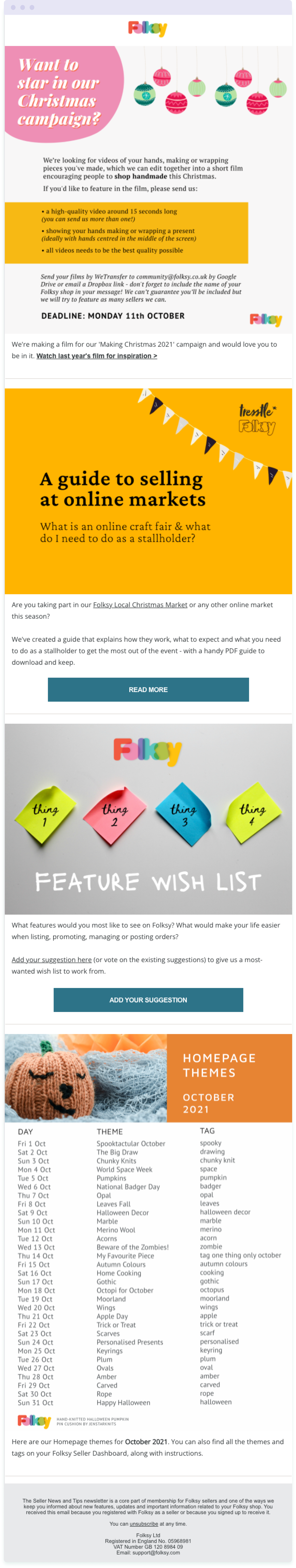 Example of a newsletter email from Folksy – just one type of email you can send to subscribers when getting started with email marketing