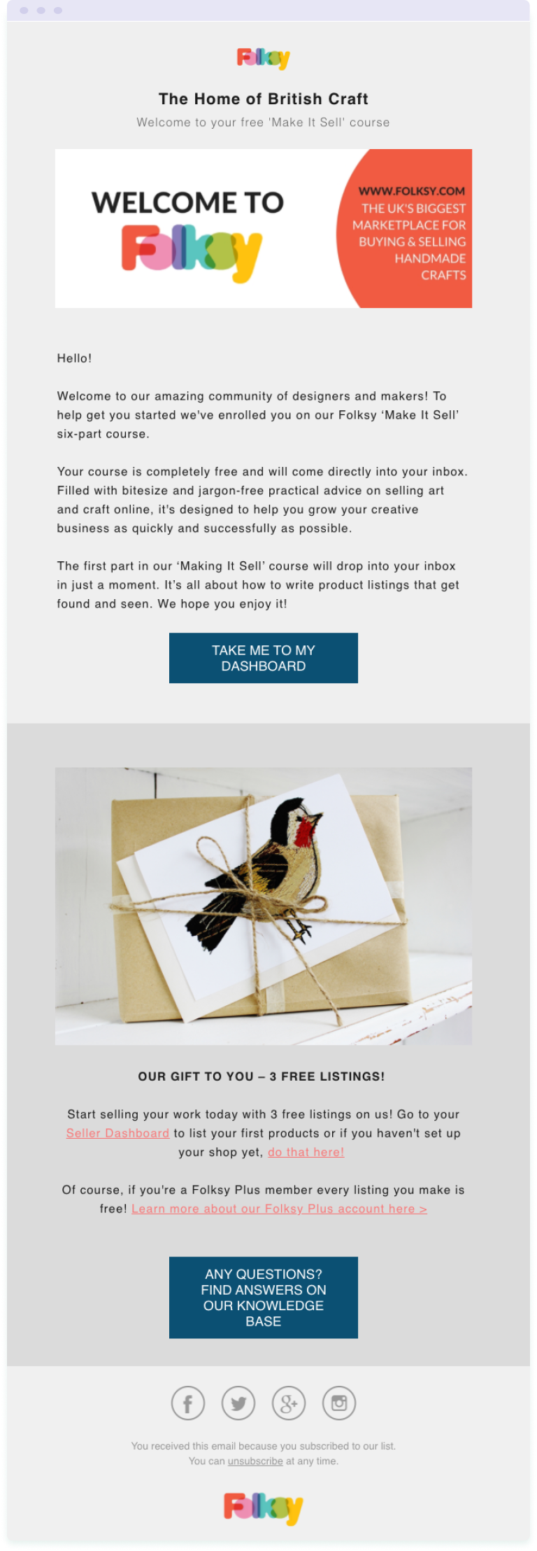 Example of a welcome email from Folksy
