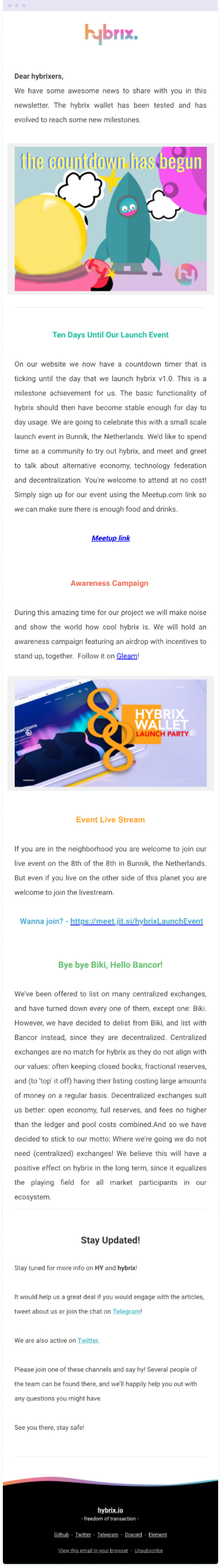Example of an announcement email from Hybrix – just one type of email you can send your audience when getting started with email marketing