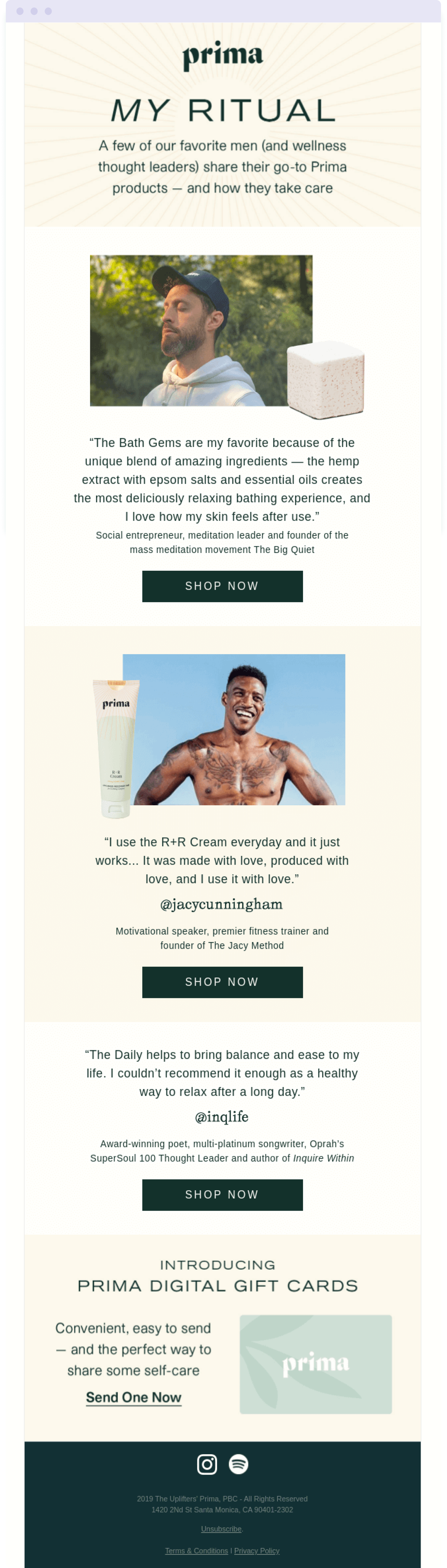 An example of an influencer email campaign from men's wellness brand Prima 