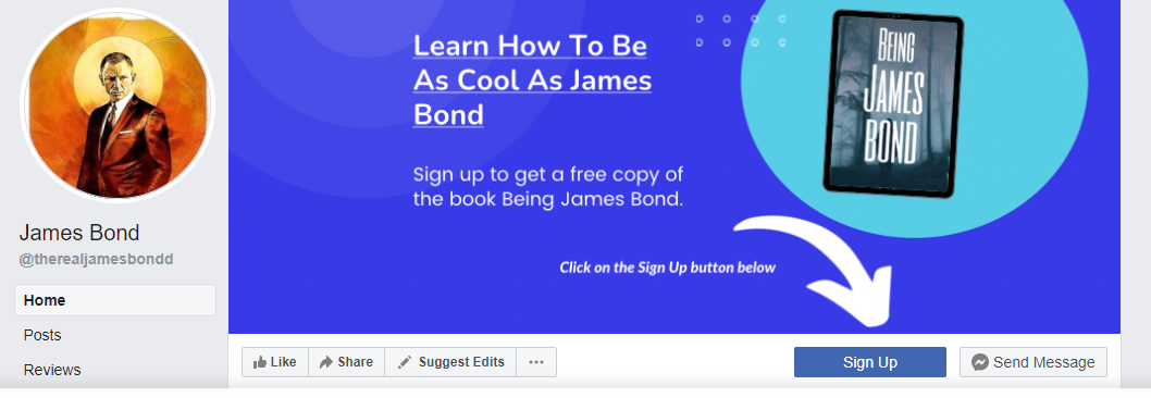 Example of using an arrow on your Facebook cover photo to point to your CTA button