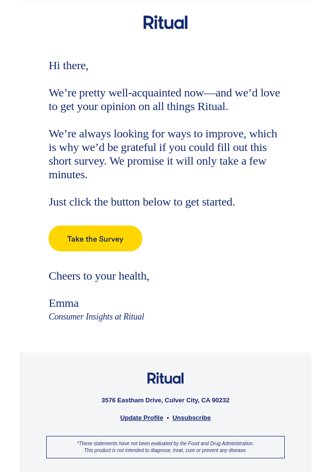 Example of a survey invitation email from Ritual