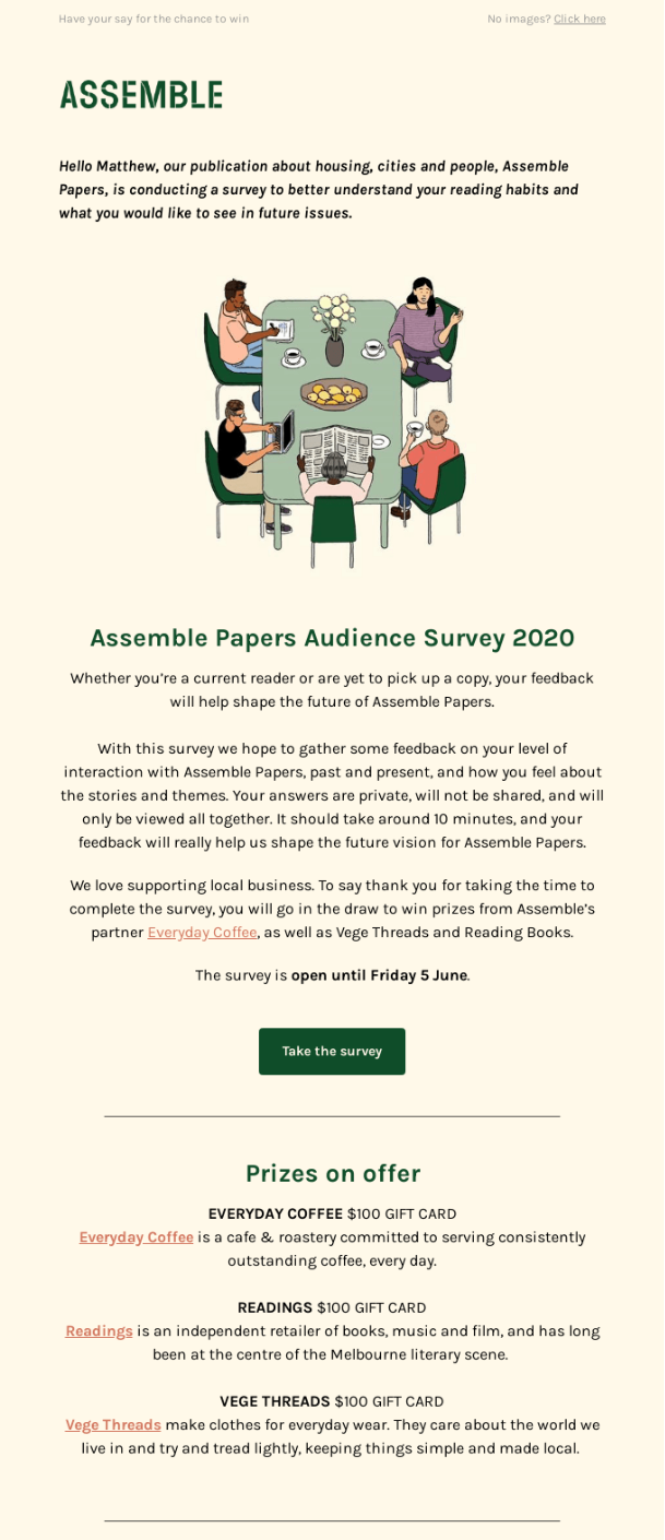 Example of a survey sent via email with a prize as an incentive