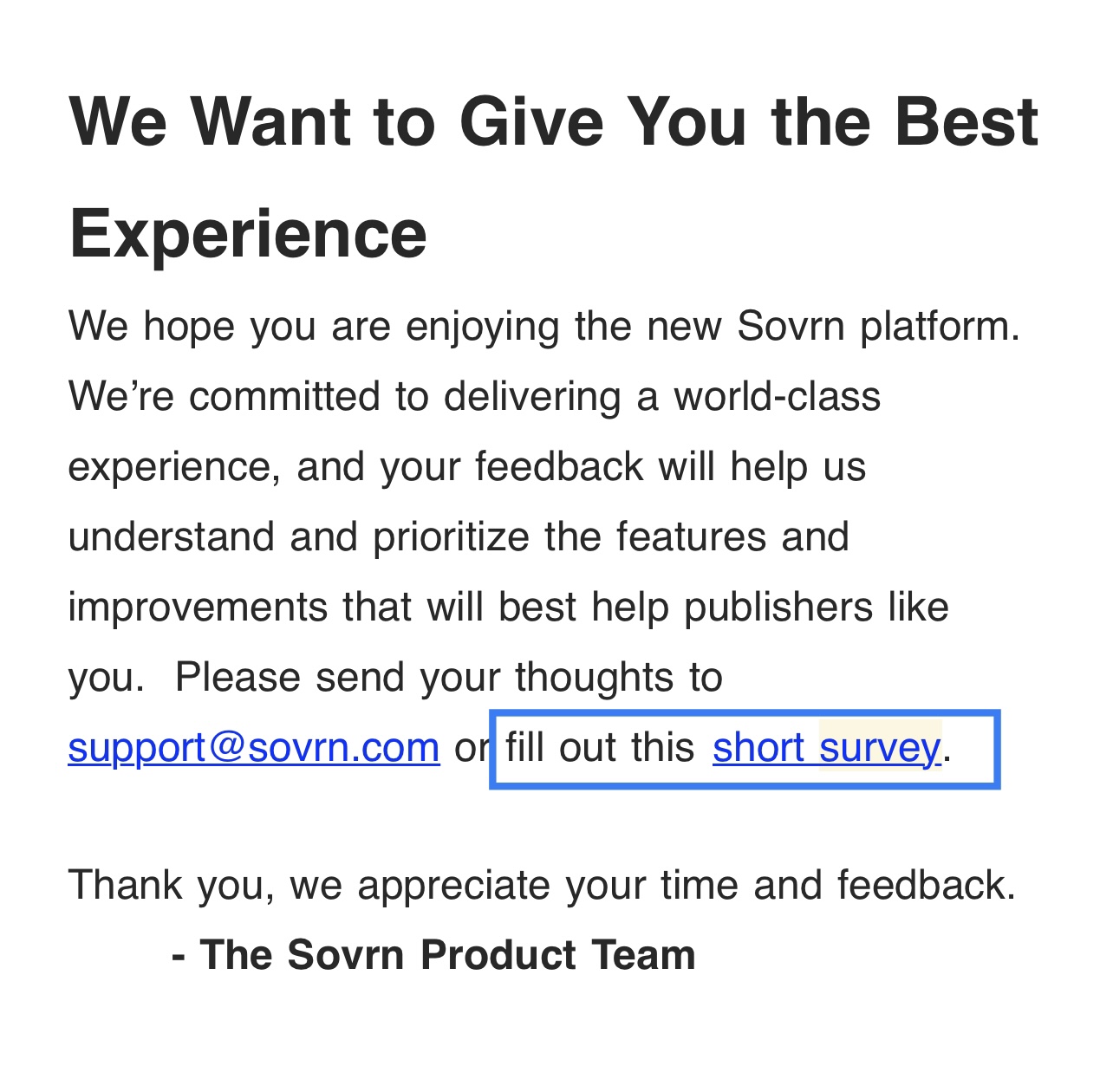 Example of a survey invitation sent via email with a hyperlink in the text