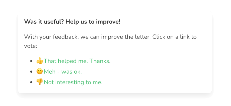 Example of a FeedLetter survey widget designed to collect feedback and encourage clicks