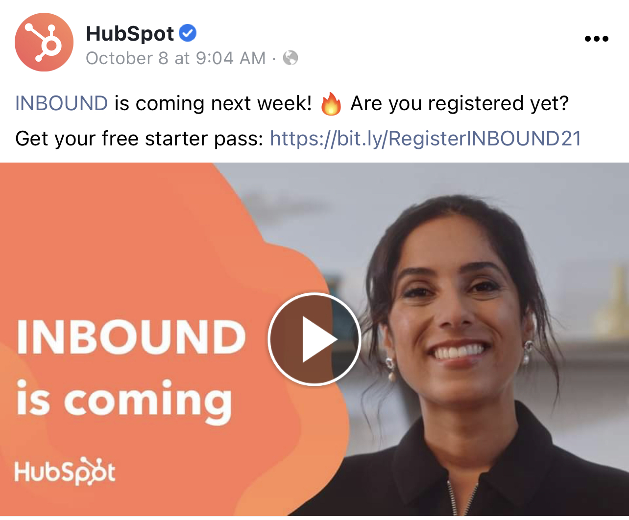 Example of a video post used on Facebook to attract new subscribers via a webinar event hosted by HubSpot