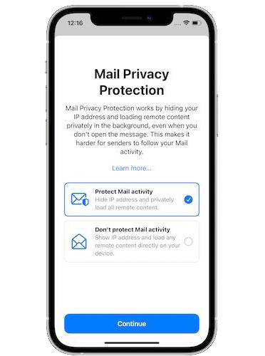 The prompt shown to Apple Mail users to enable them to turn on Mail Privacy Protection in Apple iOS 15