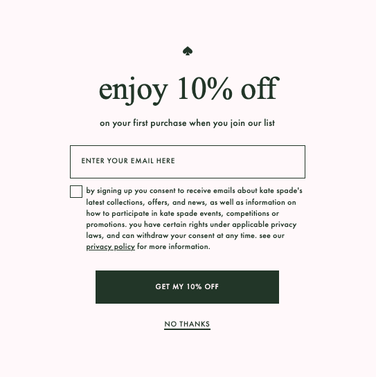 Example from Kate Spade of a discount used as a lead magnet to grow an email list