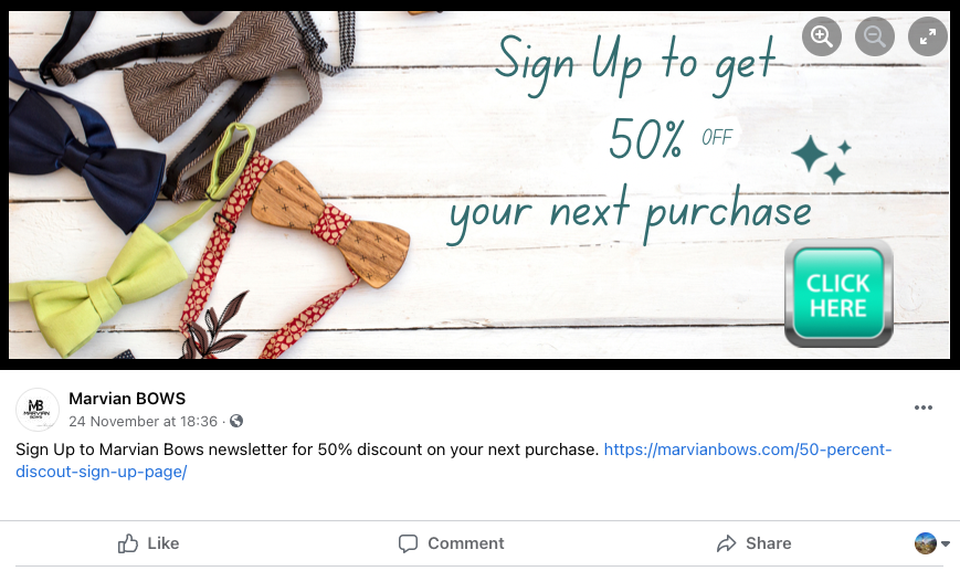 Example of a Facebook cover photo with a description and link to an email list sign-up page