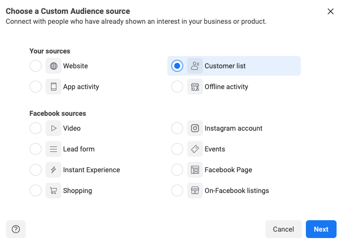 Image of the first step in creating a custom audience in Facebook Ads from your stale email list