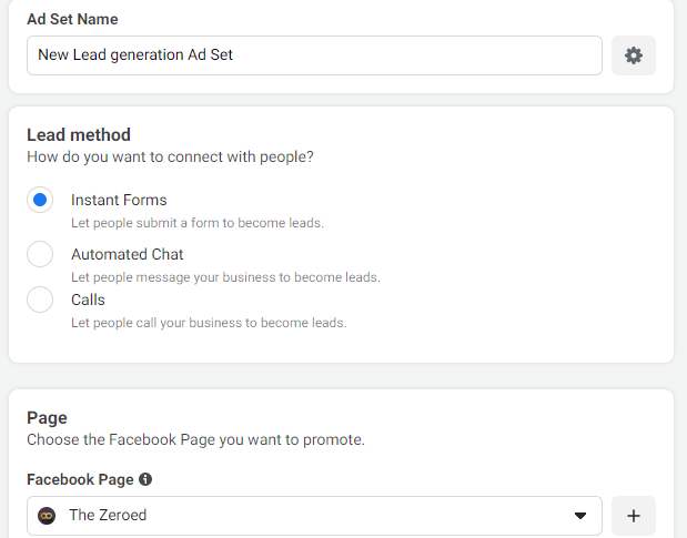 Image of Facebook Ads Manager to illustrate step 4 of creating a Facebook Lead Ad