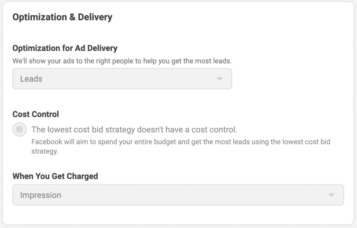 Image of Facebook Ads Manager to illustrate step 9 of creating a Facebook Lead Ad
