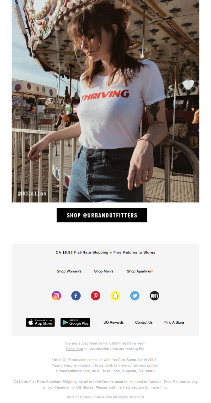 Bottom half of an email repurposing social media content to promote sales for Urban Outfitters