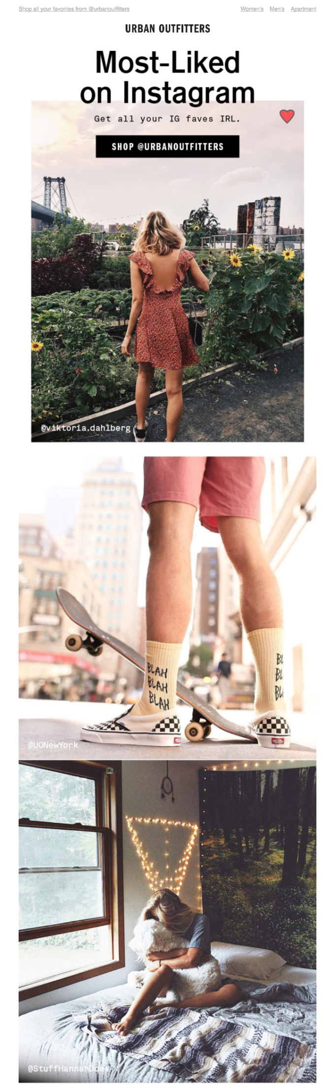 Example of an email repurposing popular Instagram posts as new content from Urban Outfitters