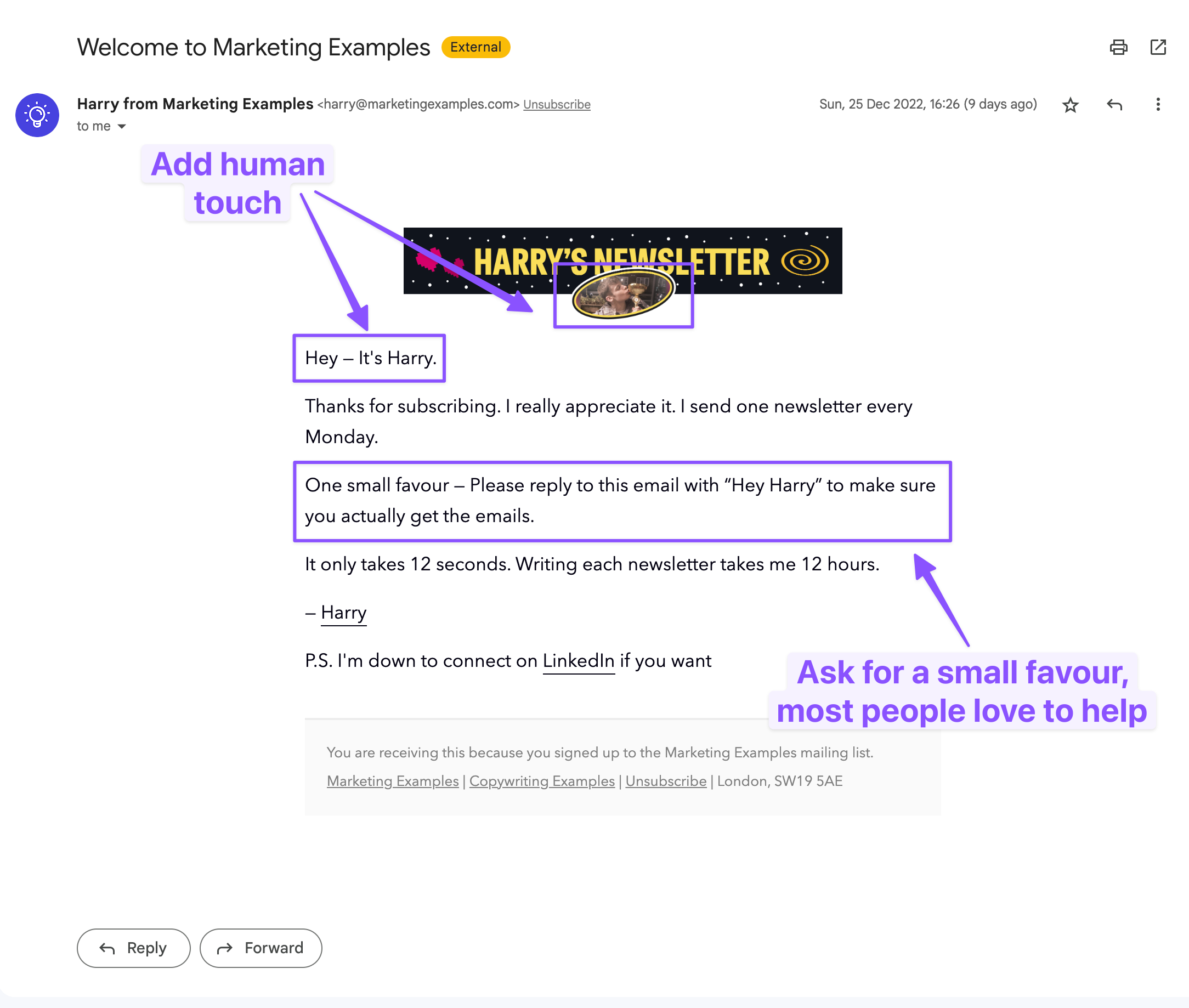 Marketing Examples welcome email