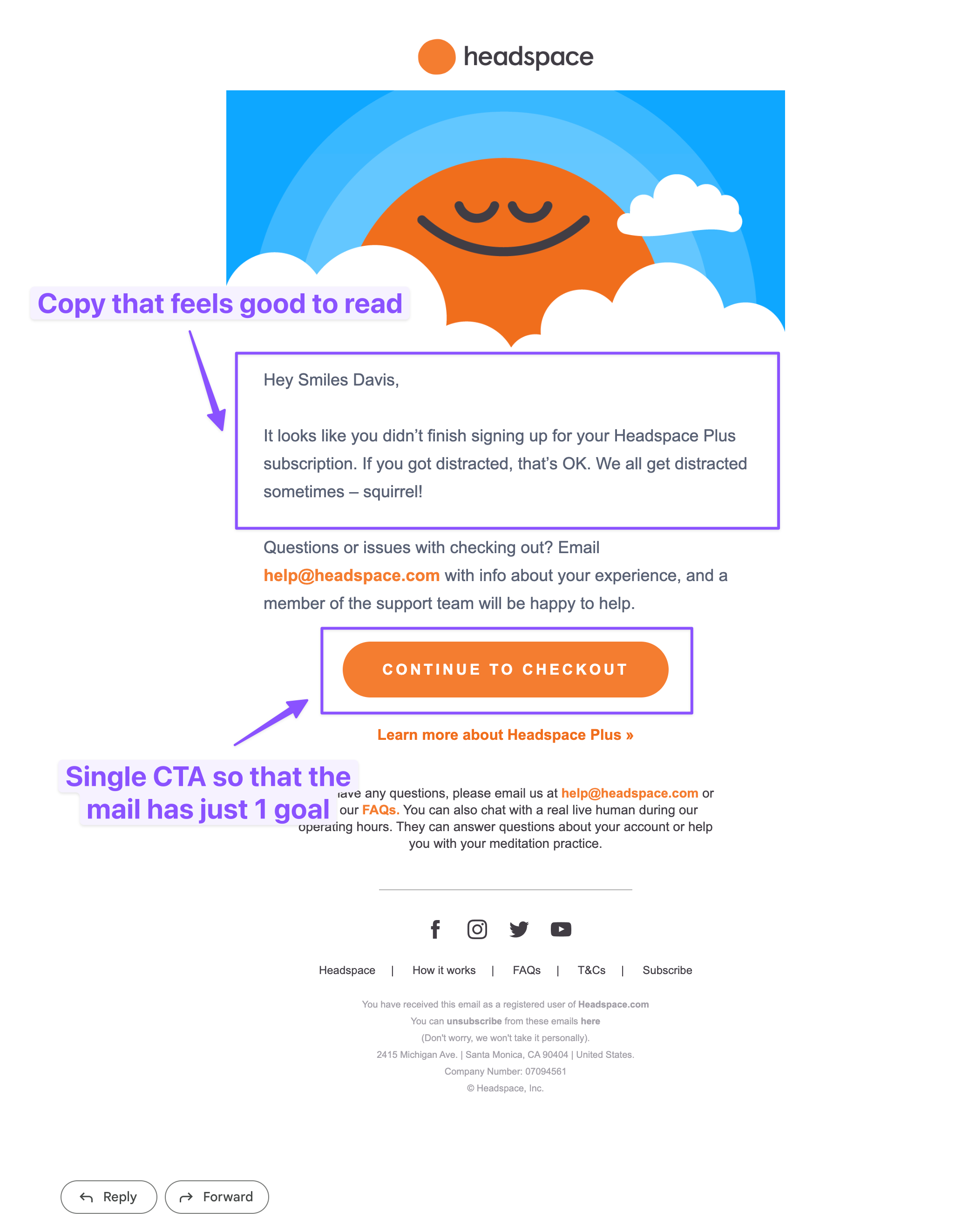 Headspace's cart abandonment email design