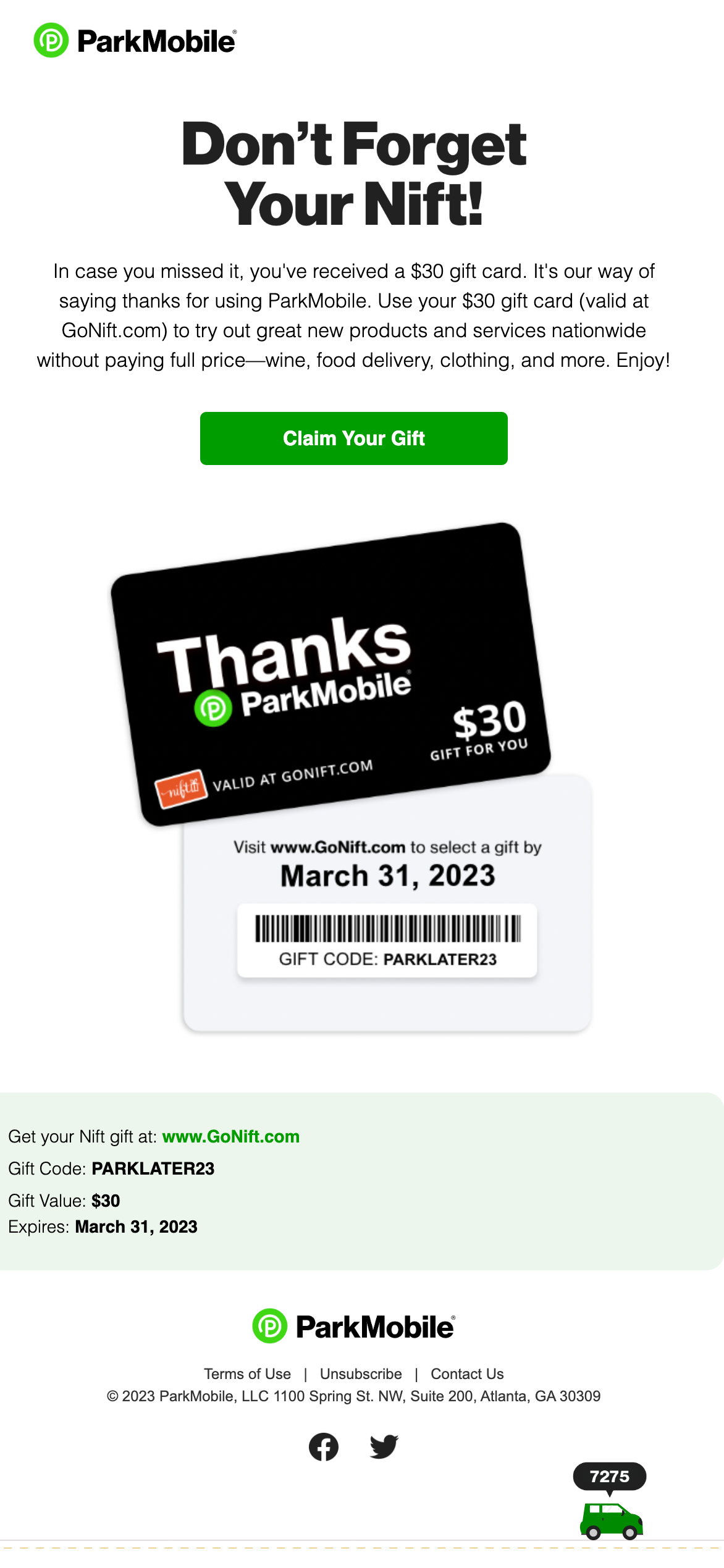 ParkMobile email on free gift card