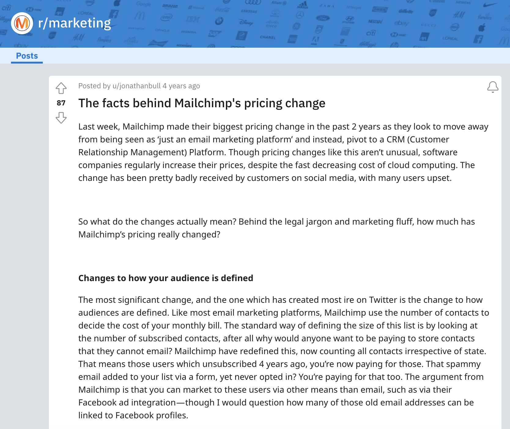 MailChimp price change explanation post, Reddit